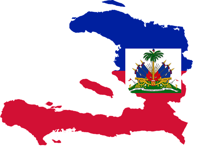 This image shows a map of Haiti, filled in with the colours of the Haitian flag