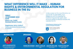 Blue and white poster showing details about an event on corporate due diligence in the EU and its impact on human rights