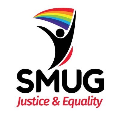 This is a logo fro the organisation SMUG. It shows a stick figure holding up a pride flag. Below it reads "SMUG: Justice and Equality"