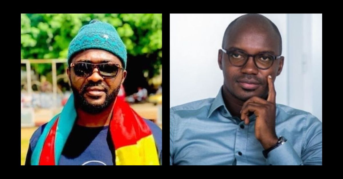 On the left is a portrait photograph of Oumar Sylla wearing a green hat, sunglasses and what seems to be the Guinean flag around his shoulders. He is looking at the camera with a faint smile. On the right is a portrait photograph of Ibrahima Diallo. He is wearing glasses and resting his face in his hand while looking away in a pensive manner.