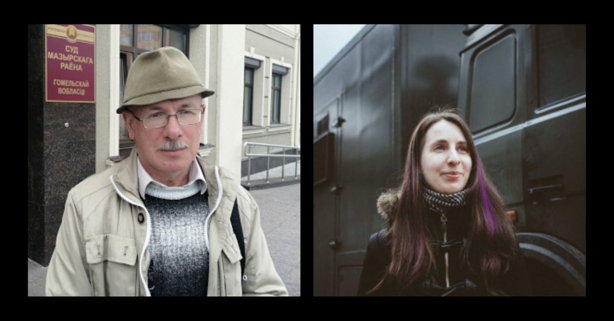 On the left is a portrait photograph of Uladzimir Tseliapun. He is donning a grey moustache and wearing a beige hat and coat. He is smiling gently. On the right is a portrait photograph of Nasta Loika. She is looking to the side of the camera and has her long hair undone. She is also wearing a black winter coat.