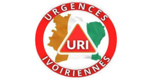 The image features the logo of the organisation Urgences Ivoiriennes on a white background. It is a red circle at the centre of which is the outline of the country Côte d'Ivoire with its flag colours. The logo features the text "URI" and "Urgences Ivoiriennes".