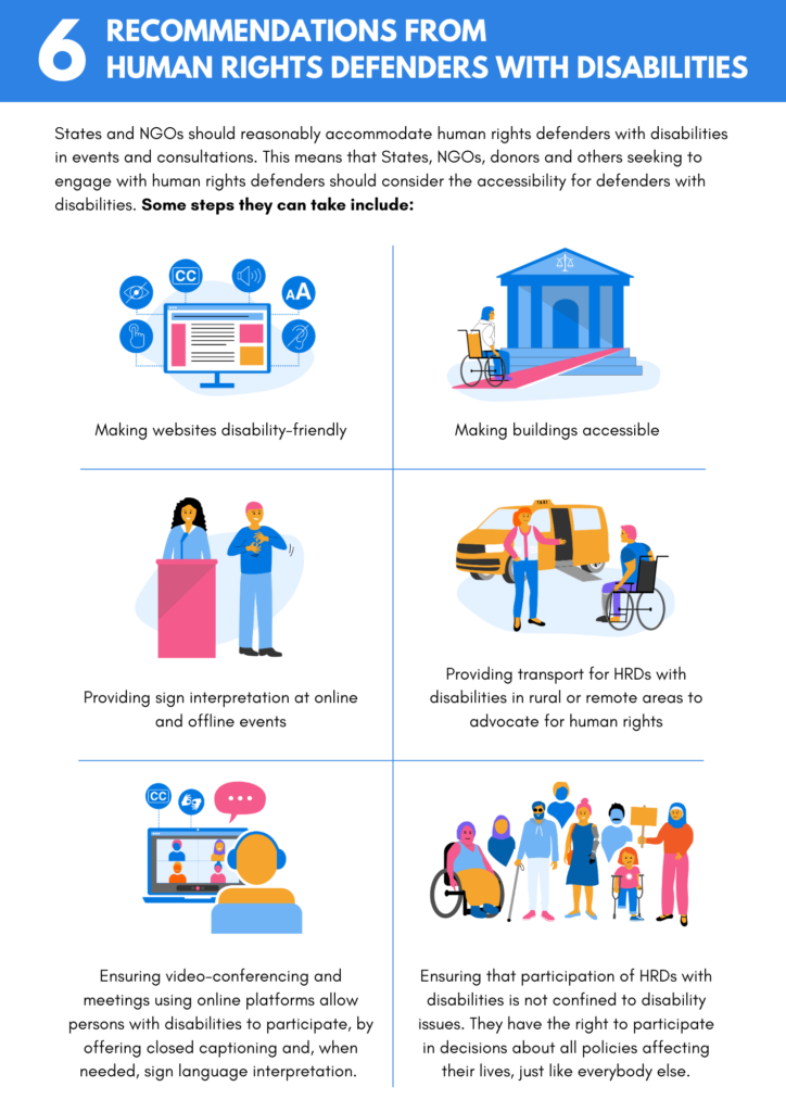 The top of the image features a blue banner with the text “6 recommendations from human rights defenders with disabilities” in white. Below, a paragraph reads: States and NGOs should reasonably accommodate human rights defenders with disabilities in events and consultations. This means that States, NGOs, donors and others seeking to engage with human rights defenders should consider the accessibility for defenders with disabilities. Some steps they can take include:
 
1. Making websites disability-friendly [the image shows a computer screen around which appear different icons representing different ways of making websites disability-friendly (visible hyperlinks, alternative text, closed captioning, sound options, text size)]. 
2. Making buildings accessible [the image shows a wheelchair user at the bottom of a ramp leading up the stairs of an official building]. 
3. Providing sign interpretation at online and offline events [the image shows a woman speaking in front of a podium with a microphone. Next to her is a sign language interpreter translating her speech to an audience]. 
4. Providing transport for HRDs with disabilities in rural or remote areas to advocate for human rights [the image shows a wheelchair user about to get on the ramp of a taxi van while a driver points them to the van]. 
5. Ensuring video-conferencing and meetings using online platforms allow persons with disabilities to participate, by offering closed captioning and, when needed, sign language interpretation [the image shows someone seen from behind looking at a laptop screen where a video call with four participants is ongoing. Above the laptop are icons representing closed captioning and sign interpretation as well as a speech bubble]. 
6. Ensuring that participation of HRDs with disabilities is not confined to disability issues. They have the right to participate in decisions about all policies affecting their lives, just like everybody else [the image shows a variety of persons, young and old, with different disabilities, standing together].