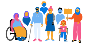 Image shows a variety of persons, young and old, with different disabilities, standing together.