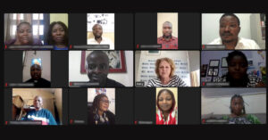 Screenshot of a video call featuring a dozen participants, including UN Special Rapporteur Mary Lawlor and several human rights defenders from the DRC.