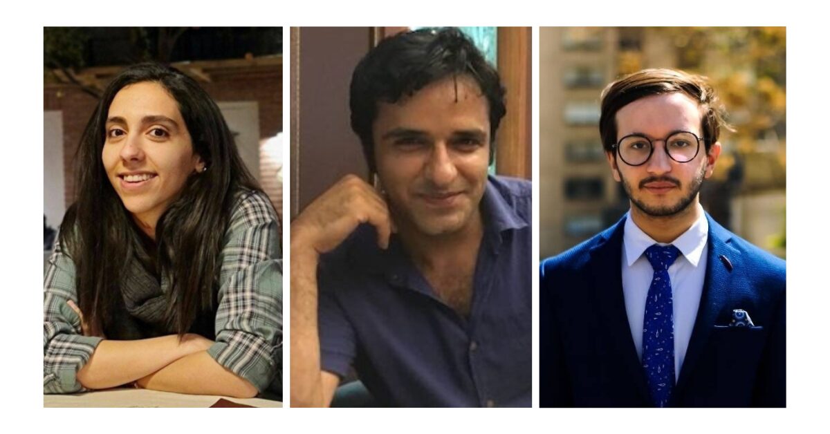 A collage of photos of Iranian woman human rights defender Hasti Amiri, and Iranian human rights defenders Zia Nabavi and Shahriyar Shams.