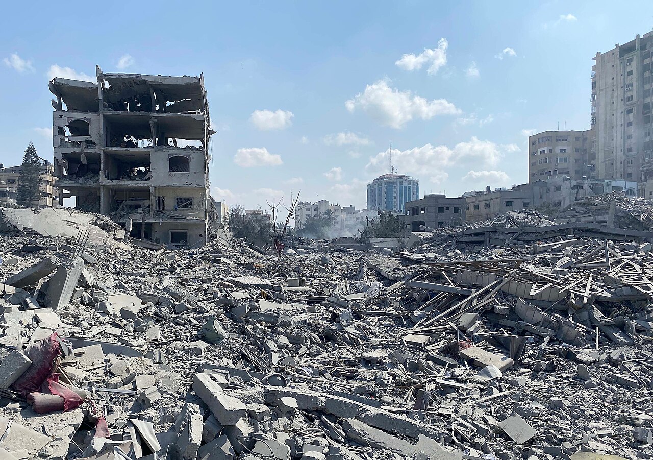 Destroyed buildings and rubbles following an Israeli airstrike on the El-Remal area in Gaza City on October 9, 2023.