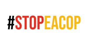 The words # Stop EACOP in black, red and yellow upper case letters on a white background.