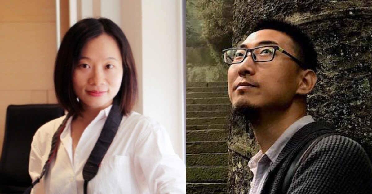 A collage of photos of Chinese human rights defenders Huang Xueqin and Wang Jianbing.