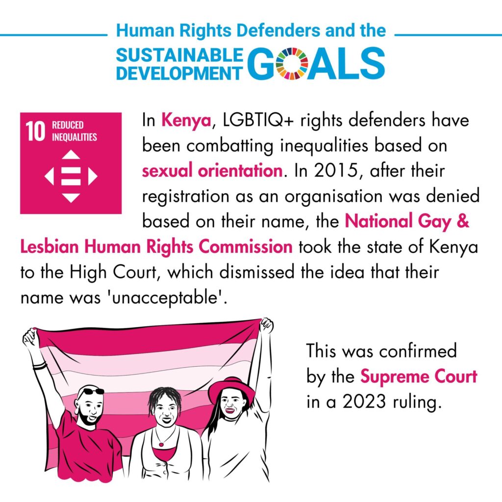 This infographic, titled "Human Rights Defenders and the Sustainable Development Goals," focuses on Goal number 10, Reduced Inequalities, represented by an icon featuring arrows pointing in different directions within a pink square background. The text explains that in Kenya, LGBTIQ+ rights defenders have been combatting inequalities based on sexual orientation. In 2015, after the National Gay & Lesbian Human Rights Commission was denied registration as an organisation due to their name, they took the state of Kenya to the High Court, which dismissed the idea that their name was 'unacceptable.' This decision was confirmed by the Supreme Court in a 2023 ruling. At the bottom of the infographic, there is an illustration of three people holding a large pride flag with shades of pink. The individuals are depicted in a celebratory stance, raising the flag together.