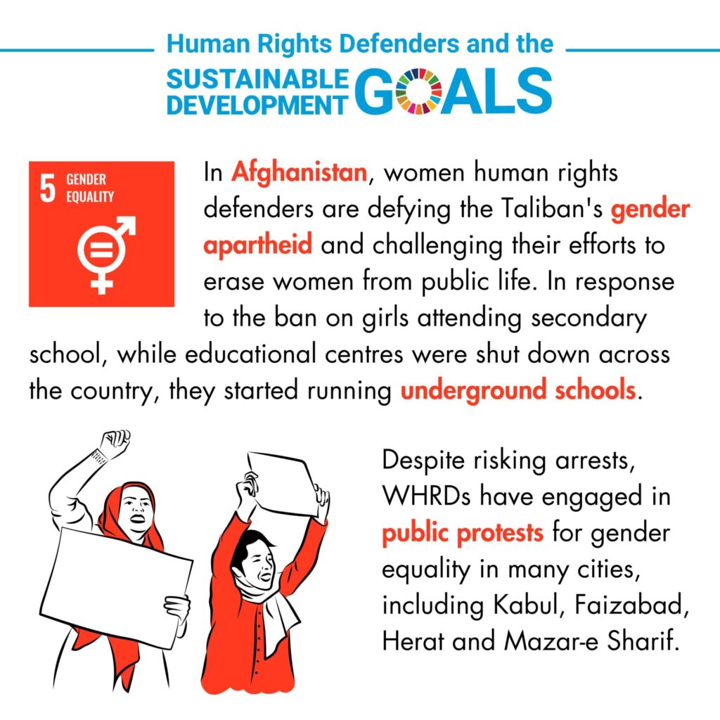 An infographic titled 'Human Rights Defenders and the Sustainable Development Goals.' It highlights SDG Goal 5, Gender Equality, with the symbol of gender equality next to it. The text describes how women human rights defenders in Afghanistan are defying the Taliban's gender apartheid by running underground schools for girls after the ban on girls attending secondary school. Despite the risks of arrest, they have engaged in public protests for gender equality in cities such as Kabul, Faizabad, Herat, and Mazar-e Sharif. An illustration of a woman and a girl holding protest signs is shown at the bottom.