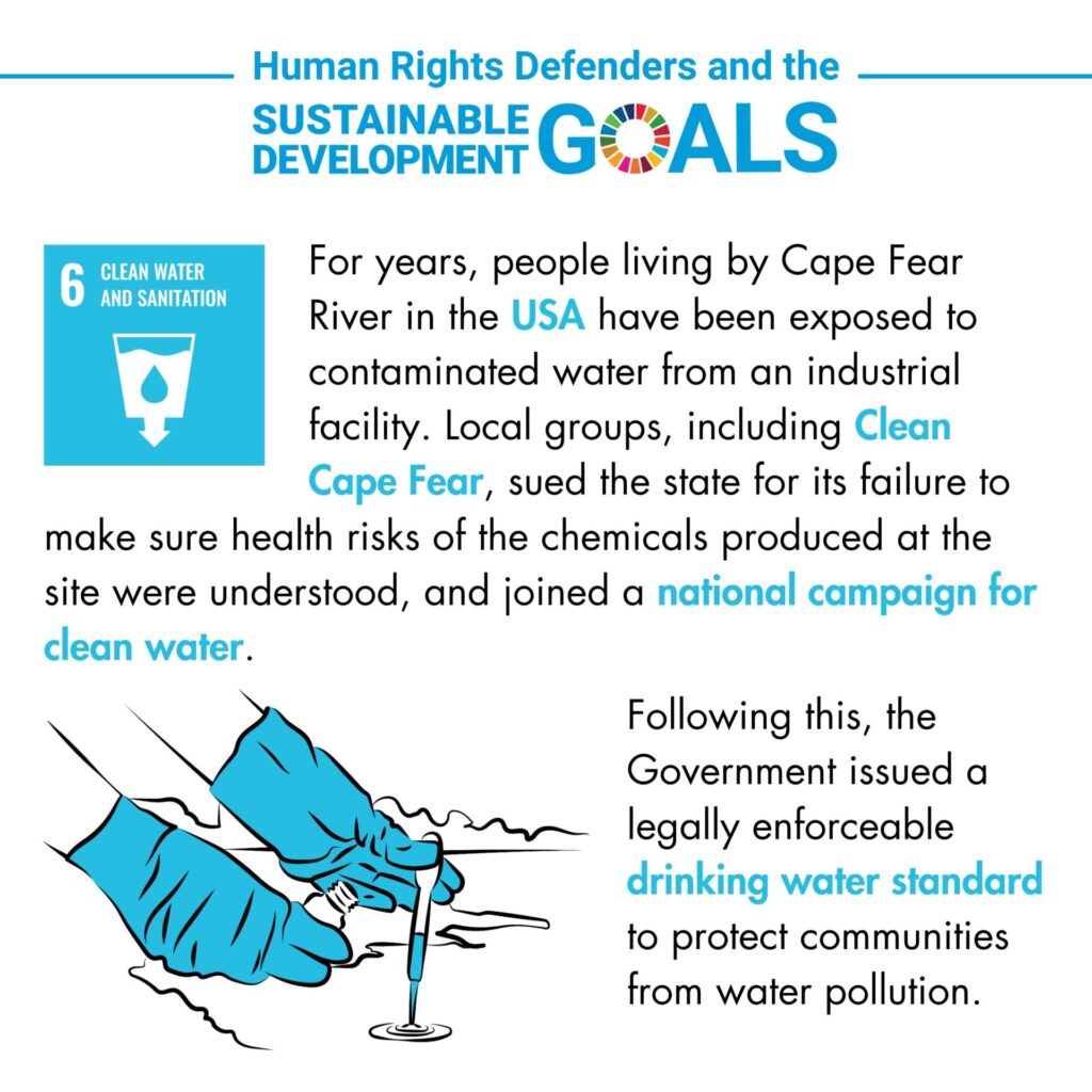 Infographic titled 'Human Rights Defenders and the Sustainable Development Goals' highlighting Goal number 6: Clean Water and Sanitation. It discusses water contamination in Cape Fear River, USA, where people were exposed to chemicals from an industrial facility. Local groups, including 'Clean Cape Fear,' sued the state and initiated a national campaign for clean water. The government later enforced a drinking water standard to protect against water pollution. The infographic features the SDG 6 icon (a water droplet) and an illustration of two gloved hands collecting a water sample from a body of water.