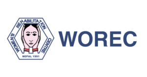 Logo of WOREC (Women's Rehabilitation Centre) Nepal, established in 1991. The logo features a hexagonal border with the organisation's full name, and at the centre, an illustration of a woman's face framed by two hands on either side.