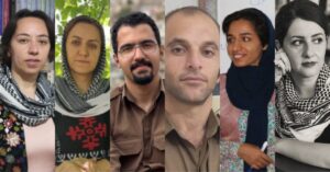 A photo collage of six Iranian human rights defenders, from left to right: Ms. Soma Pourmohammadi, Ms. Serveh Pourmohammadi, Mr. Seivan Ebrahimi, Mr. Edris Menbari, Ms. Zahra Mohammadi and Ms. Jina Modares Gorji.