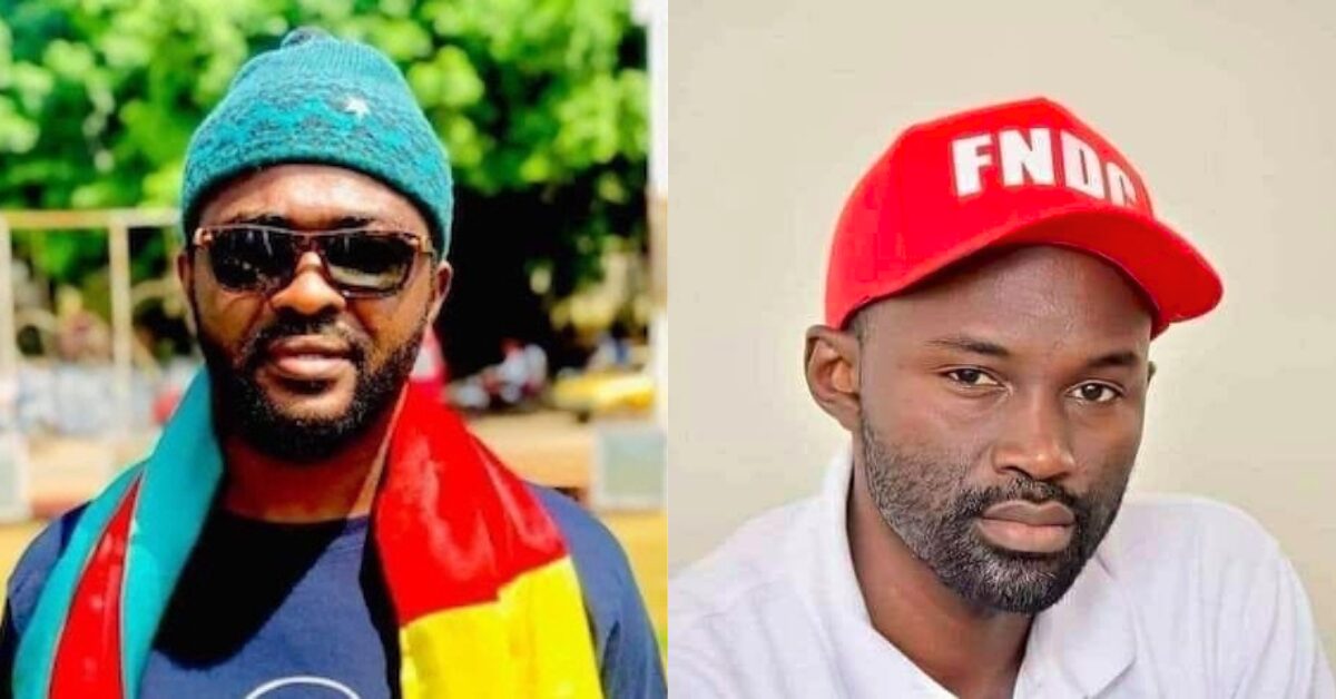 A collage of two photos, representing Guinean human rights defenders Oumar Sylla on the left and Mamadou Billo Bah on the right. Oumar is wearing a green beanie hat with sunglasses and has the flag of Guinea around his neck like a scarf. Mamadou is wearing a red cap with the acronym FNDC and a white shirt. Both are looking straight at the camera.