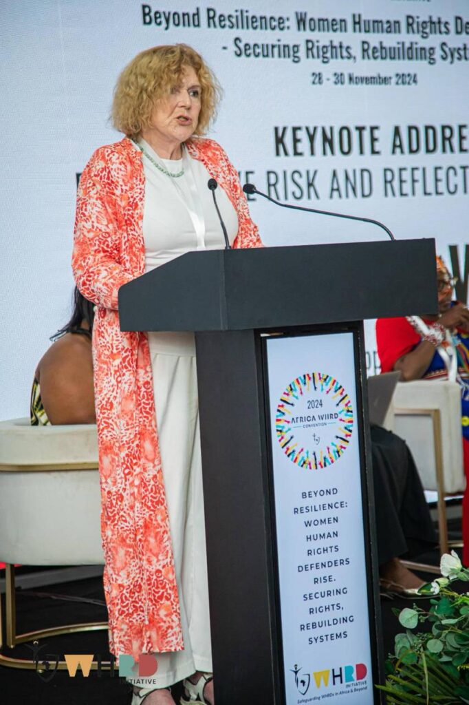 UN Special Rapporteur on human rights defenders Mary Lawlor givin a keynote speech at the WHRD convention in Ghana in November 2024. 