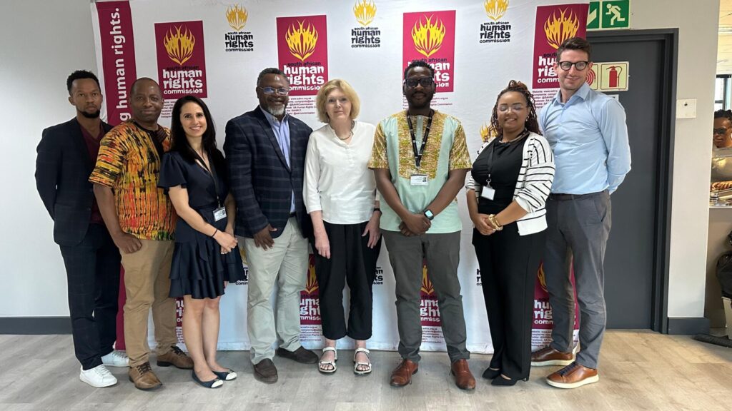 UN Special Rapporteur on Human Rights Defenders Mary Lawlor is standing amongst members of the South African Human Rights Commission during her academic visit to South Africa on 22 November 2024. 