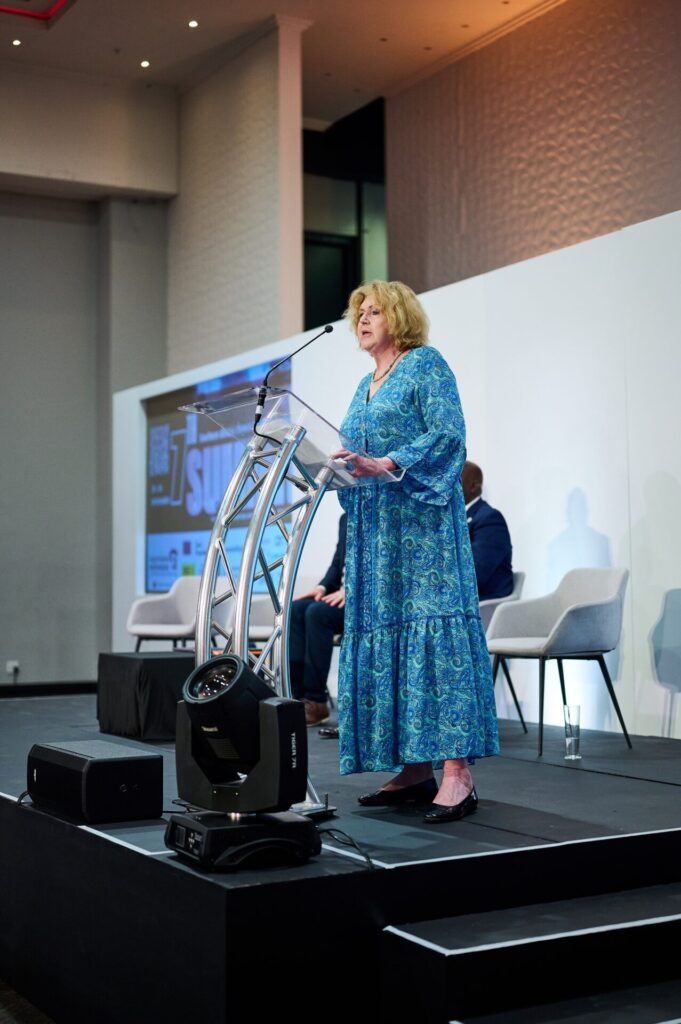 UN Special Rapporteur on Human Rights defenders Mary Lawlor speaking on stage during the 2024 Southern Africa Human Rights Defenders Summit in Johannesburg, South Africa.