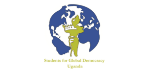 Logo of 'Students for Global Democracy Uganda,' featuring a stylised globe in blue and white, with a green torch in the centre. The organisation's name, 'Students for Global Democracy Uganda,' is written below in green text.