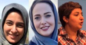 Collage of portraits of Iranian women human rights defenders Zohreh Dadras, Zahra Dadras and Jelveh Javaheri.