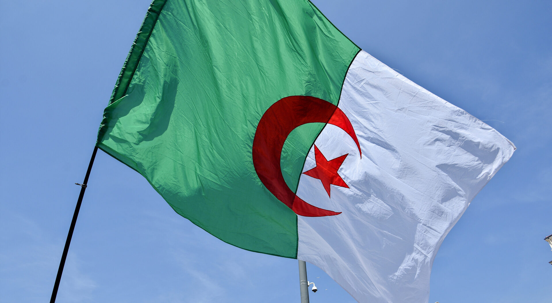 An Algerian flag being waved during the demonstration on a bright sunny day.