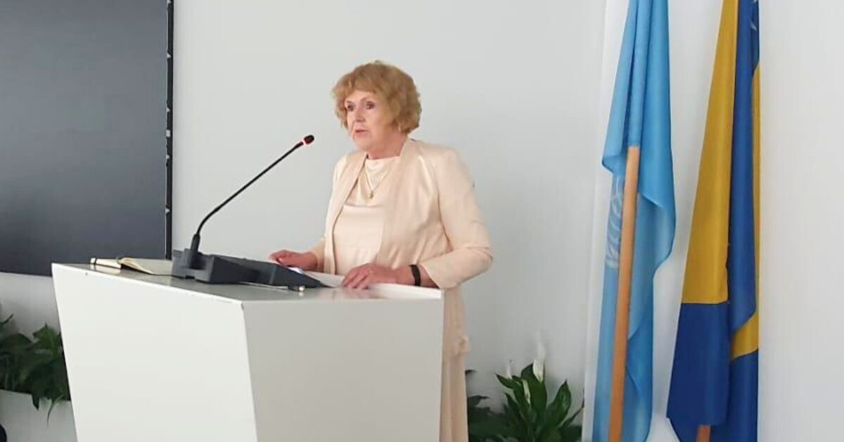 UN Special Rapporteur on human rights defenders Mary Lawlor speaking at a press conference at the end of an official country visit to Bosnia and Herzegovina in June 2024. Behind her are the flags of the United Nations and Bosnia and Herzegovina.