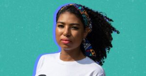 A cutout photo of Amanda da Cruz Costa, a young woman human rights defender and climate activist from Brazil, on a turquoise colour background.