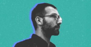 A cutout black and white photo of Russian climate activist Vitaly Servetnik on a turquoise colour background.