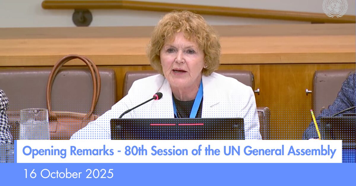 UN Special Rapporteur on the situation of human rights defenders Mary Lawlor delivering her remarks at the 80th session of the UN General Assembly in New York, on 16 October 2025.