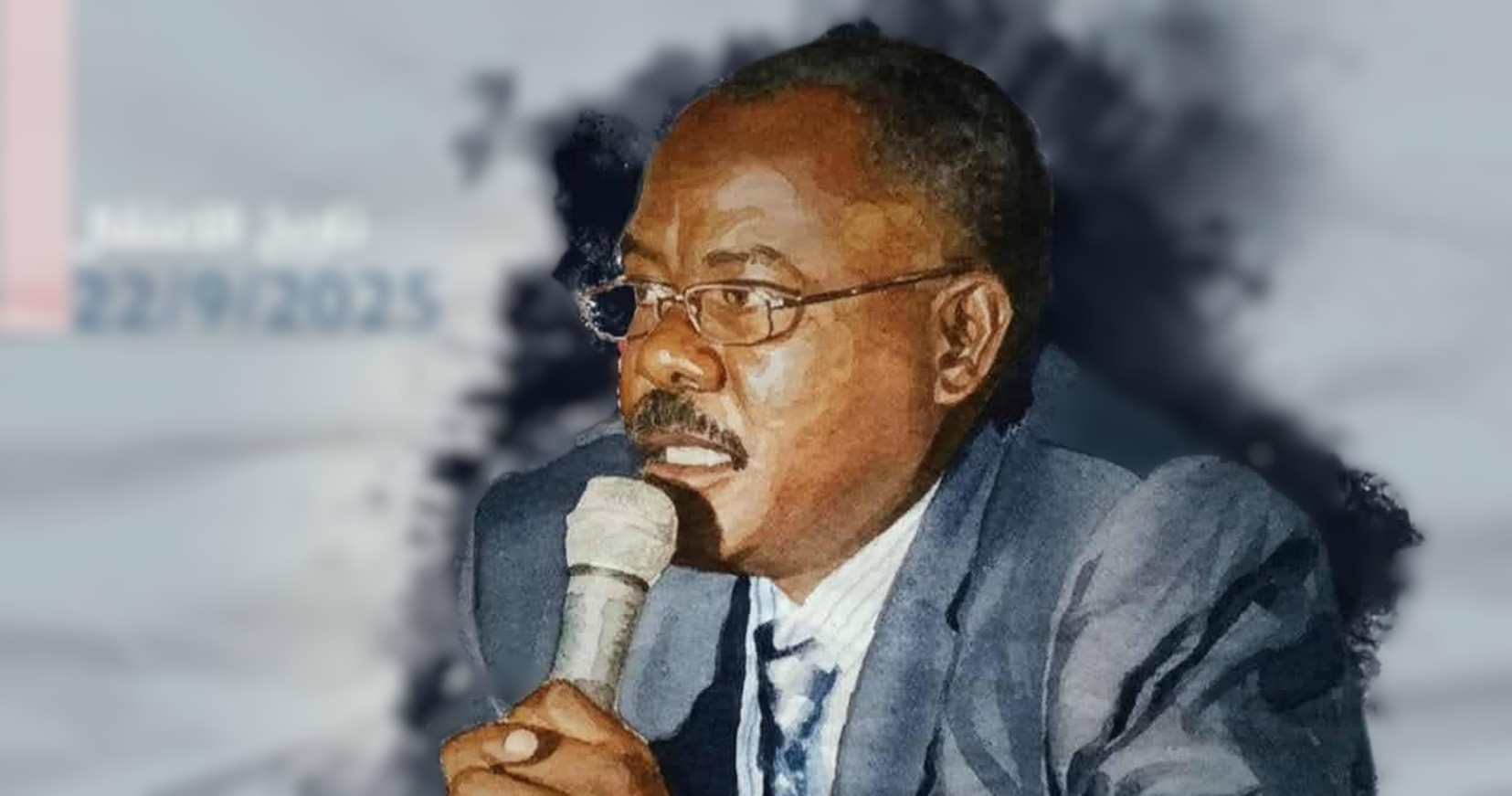 Sudanese human rights defender Abdelwahab Ahmed Mohamed Hashem speaking into a handheld microphone, wearing glasses and a dark suit. He is shown in profile, appearing focused and engaged while addressing an audience, with a blurred background.