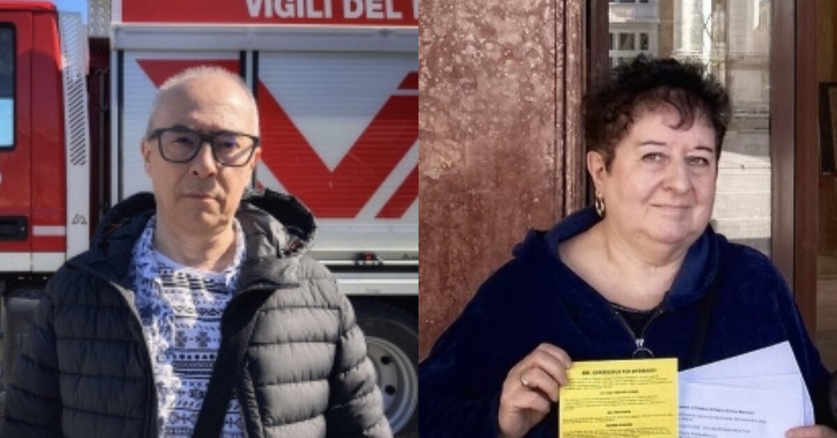 Side-by-side portraits of Italian environmental rights defenders Roberto Malini and Lisetta Sperindei. On the left, Roberto Malini stands outdoors in front of a red emergency vehicle, wearing glasses and a dark padded jacket. On the right, Lisetta Sperindei stands by a building entrance, wearing a dark top and holding documents, including a yellow notice, looking toward the camera.
