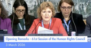 UN Special Rapporteur on human rights defenders Mary Lawlor speaking at the Human Rights Council in Geneva during its 61st session, on 3 March 2026.