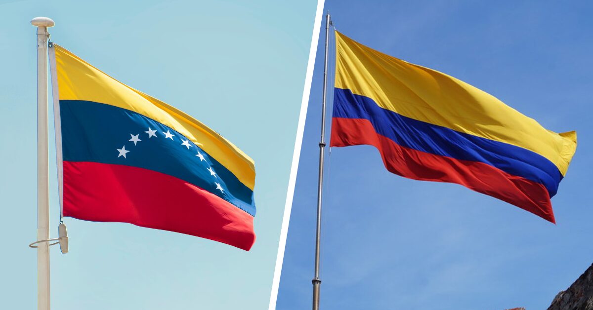 A collage of the Venezuelan and Colombian flags flying in the wind